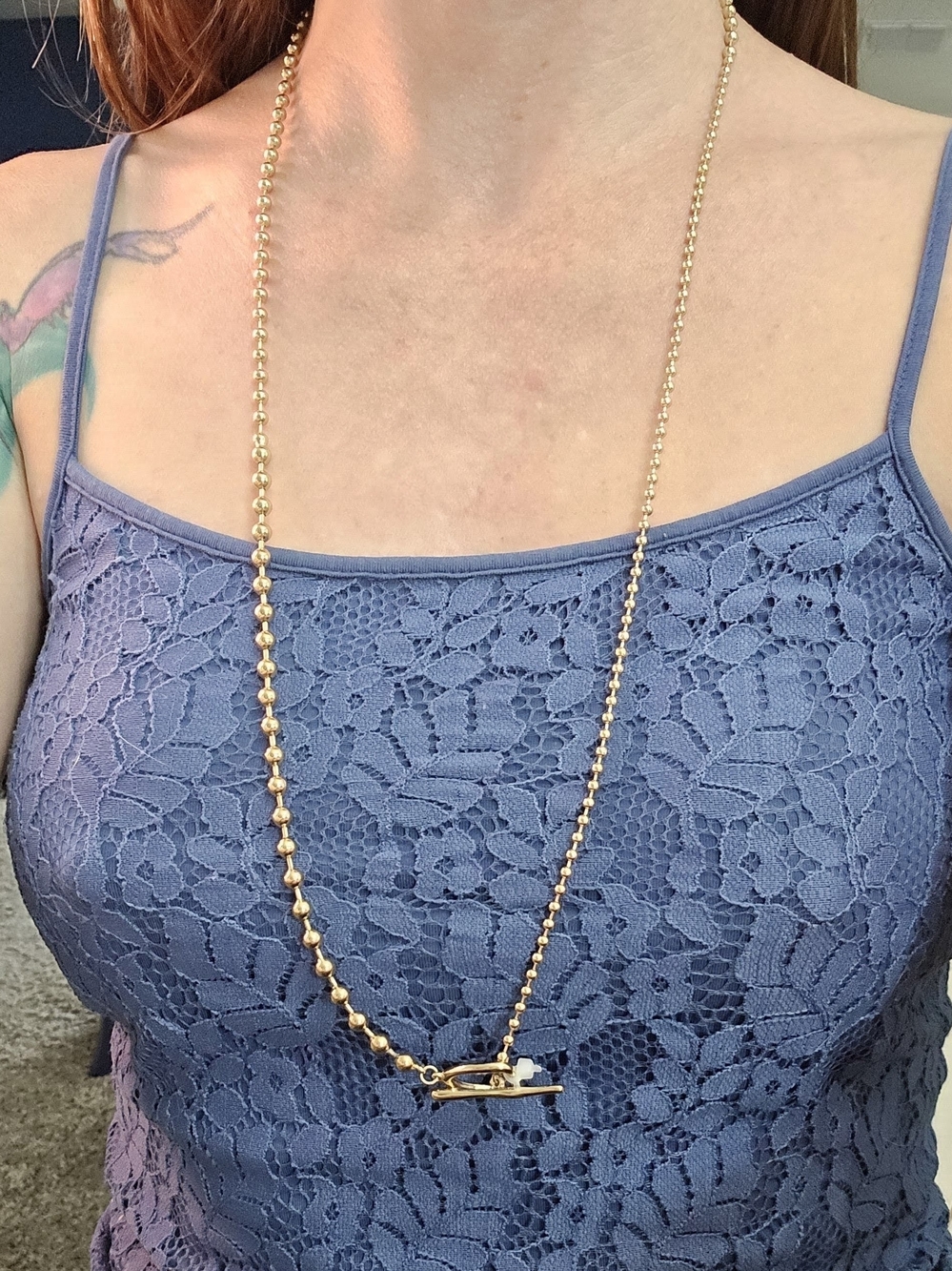 Gold Tone Long Ball Link Toggle Necklace Front Clasp Statement NWOT